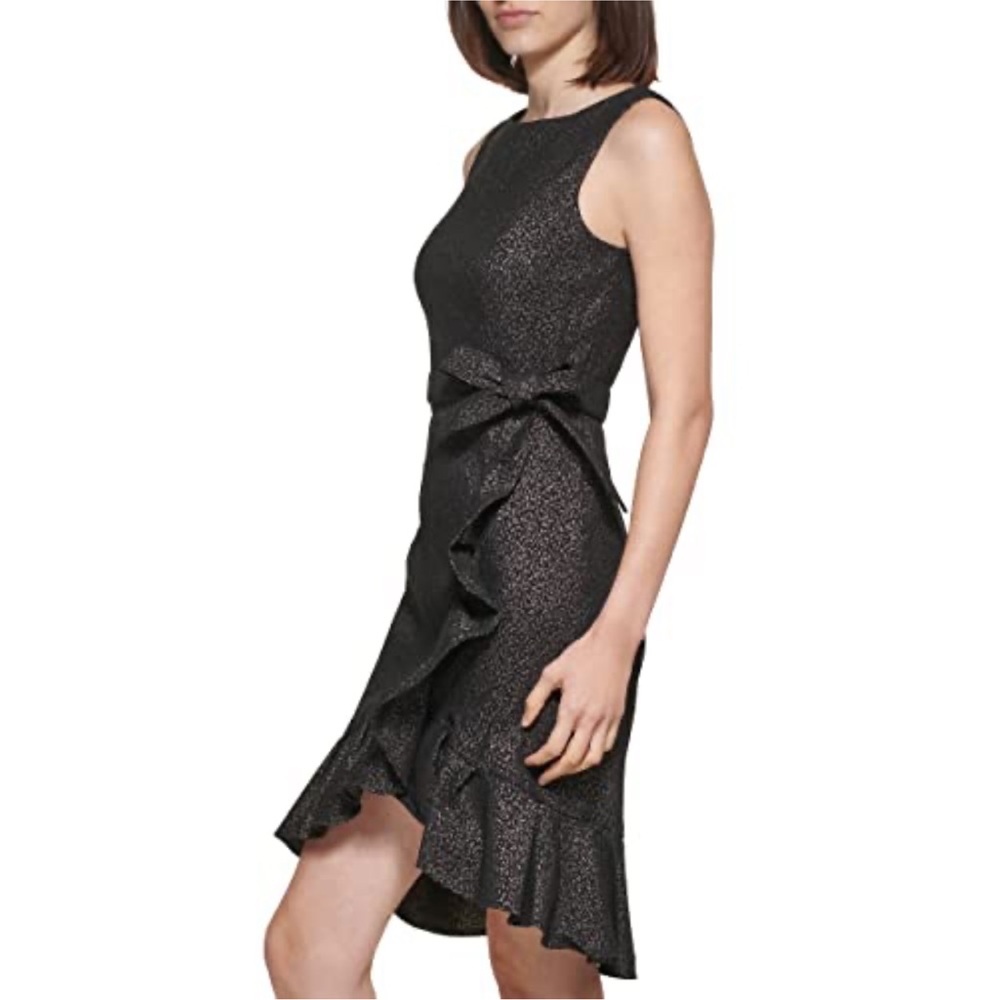Calvin Klein Women’s Self Belt Ruffle Detail Flow Black / Gold Sparkle Dress. 4